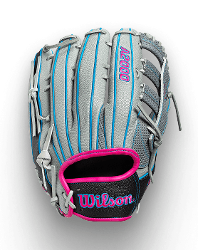 Grey Wilson A2000 baseball glove with bright blue lacing and hot pink trim.